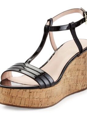 Kate Spade Tallin Black Patent Leather T-Strap Cork Wedge Sandals